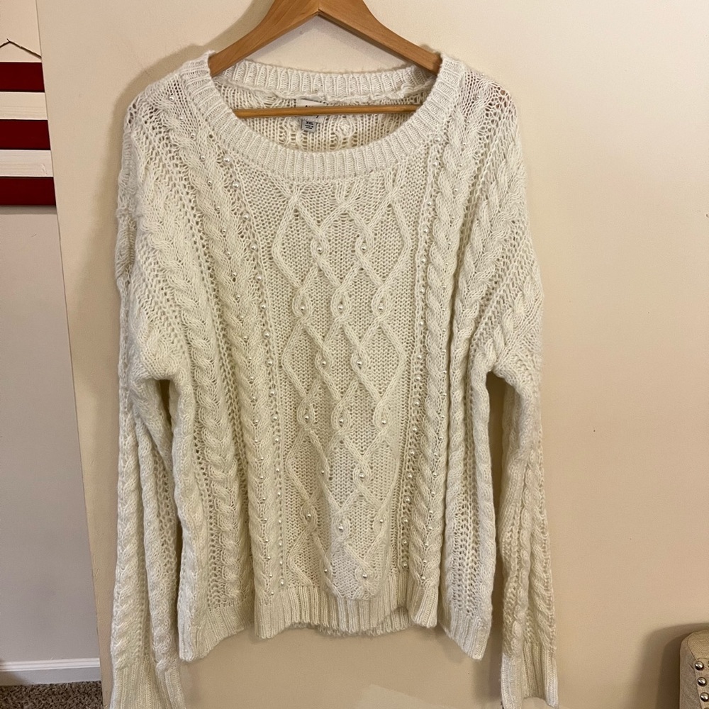 A New Day Winter White Pearl Accented Cable Knit Sweater Size XXL